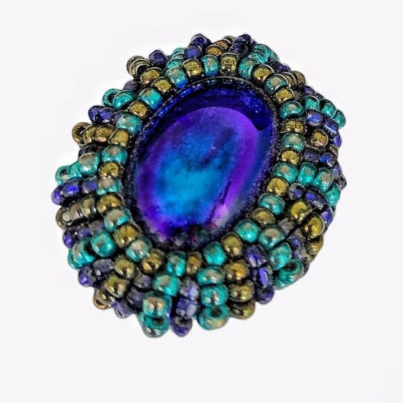 Hand beaded royal blue glass cabs turquoise gold glass bezel pierced earrings - Picture 10 of 13